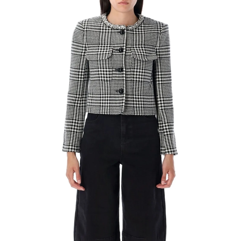 Self Portrait Blazer Houndstooth Crystal Trim Jacket Multicolor