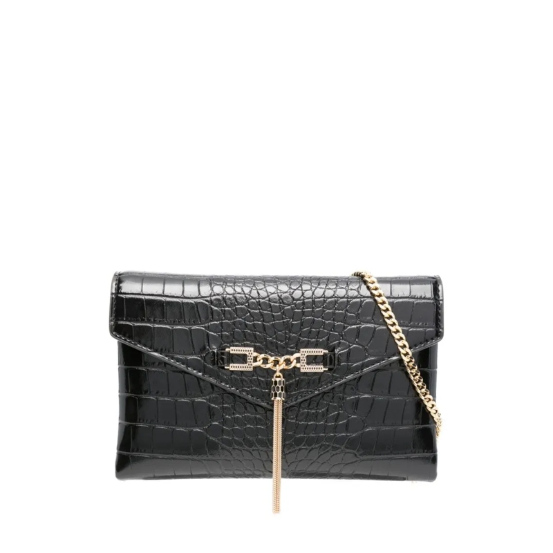 Elisabetta Franchi Pochette Glossy Black Crocodile-Embossed Clutch Grey