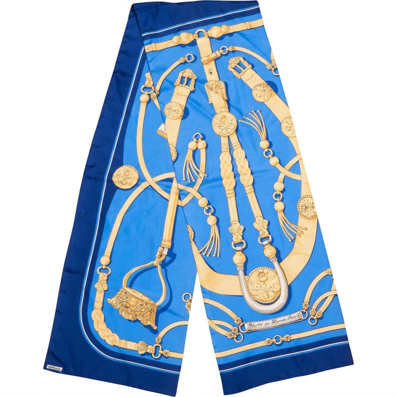 Hermès Wollschal Hermes Bleu "Gaucho" Silk Twilly Maxi Scarf Schal blau