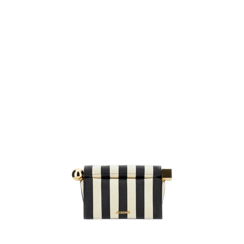 Jacquemus Clutch Striped Patchwork Raffia Fold-Over Clutch Black