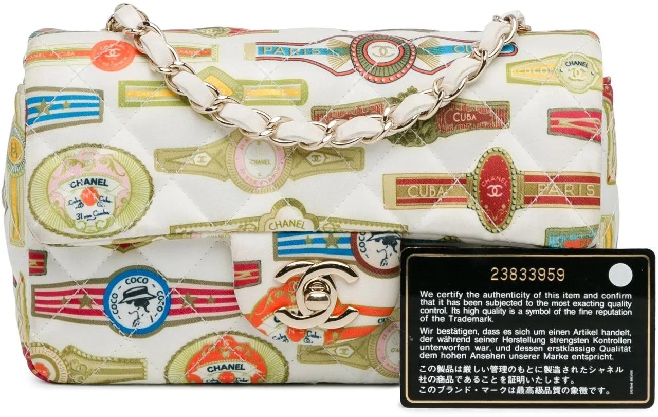 Chanel Shoppers Mini Rectangular Classic Printed Satin Cuba Single in wit