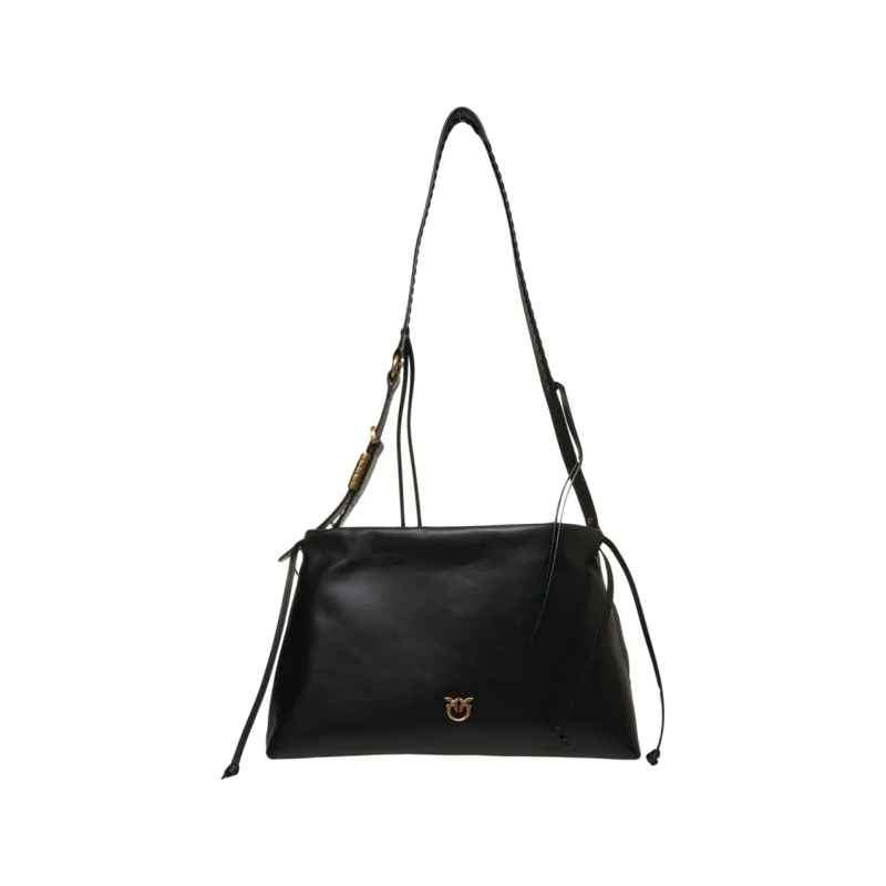 Pinko Schultertasche Structured Black Leather Shoulder Bag With Woven S Black