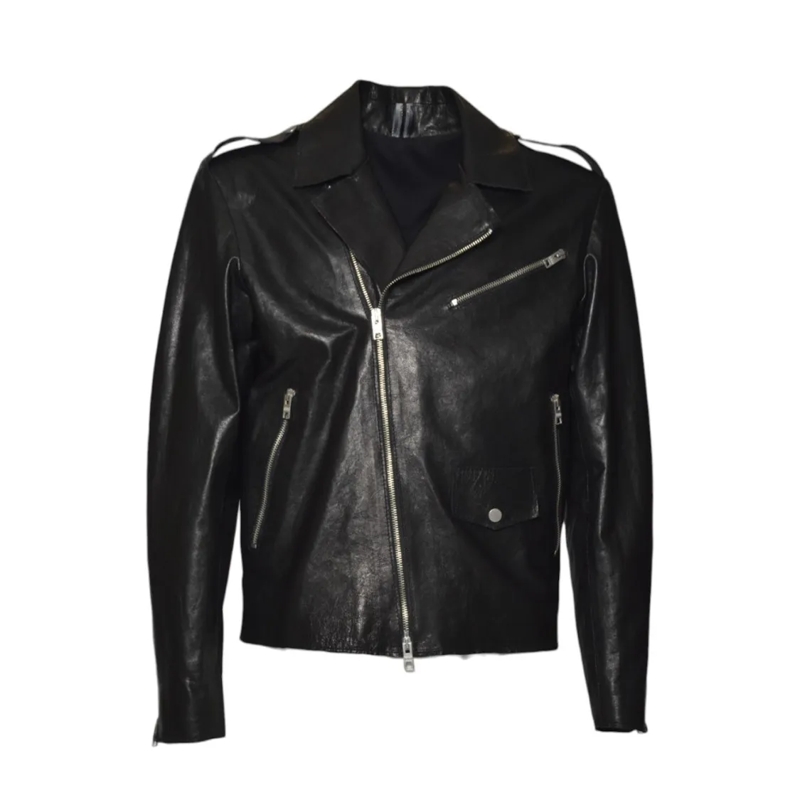 Dfour  Asymmetrical Black Leather Jacket With Multi-Pocke Black
