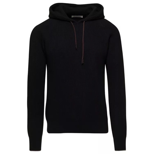 La Fileria Black Ribbed Hooded Sweater In Wool Blend Black 