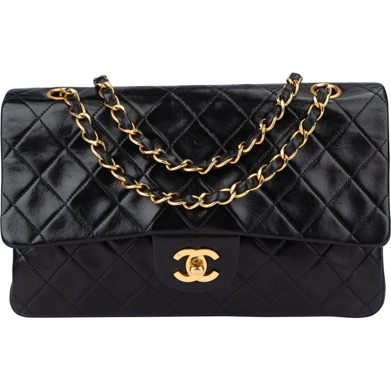 Chanel Schultertasche Chanel Quilted Lambskin 24K Gold Medium Double Fla schwarz