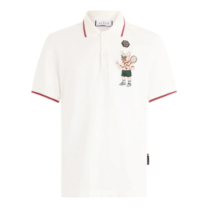 Philipp Plein Top Polo T-Shirt New York Tennis Patch weiss