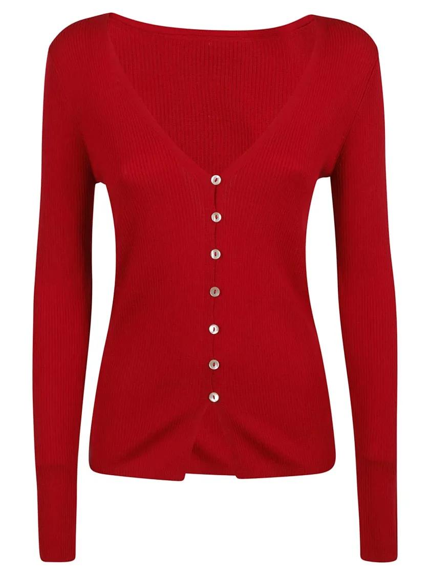 P.A.R.O.S.H. - Bright Red Ribbed Knit Wool Sweater With Plunging - Größe S - rot