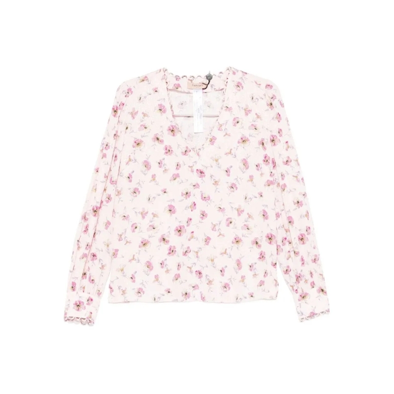 Twin-Set Blouse Scallop-Trimmed Pink Floral Blouse With Puffed Sle Pink