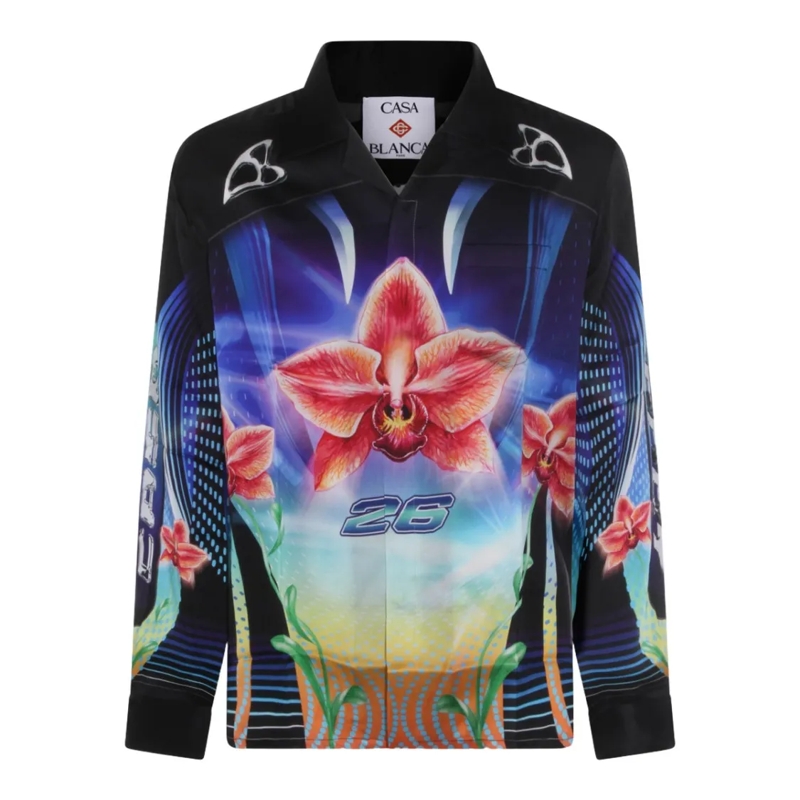 Casablanca Overhemd Futuristic Red Orchid Motif Casual Shirt Black