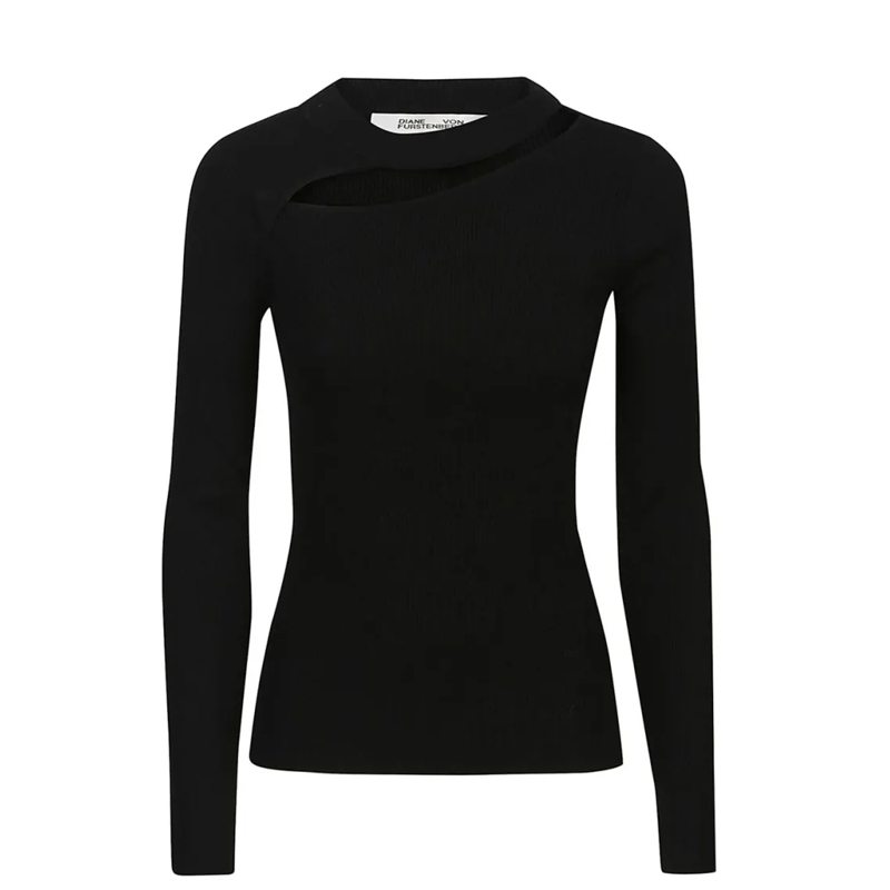 Diane von Furstenberg Haut à manches longues Asymmetrical Cutout Black Top With Ribbed Texture Black