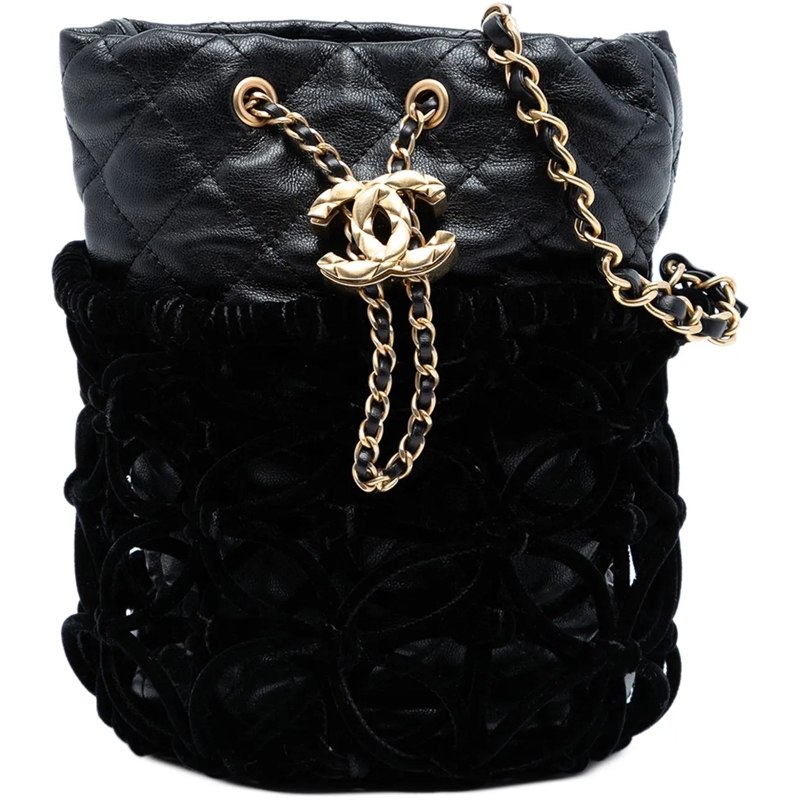 Chanel Sac à bandoulière Braided Velvet Goatskin Drawstring Bucket schwarz