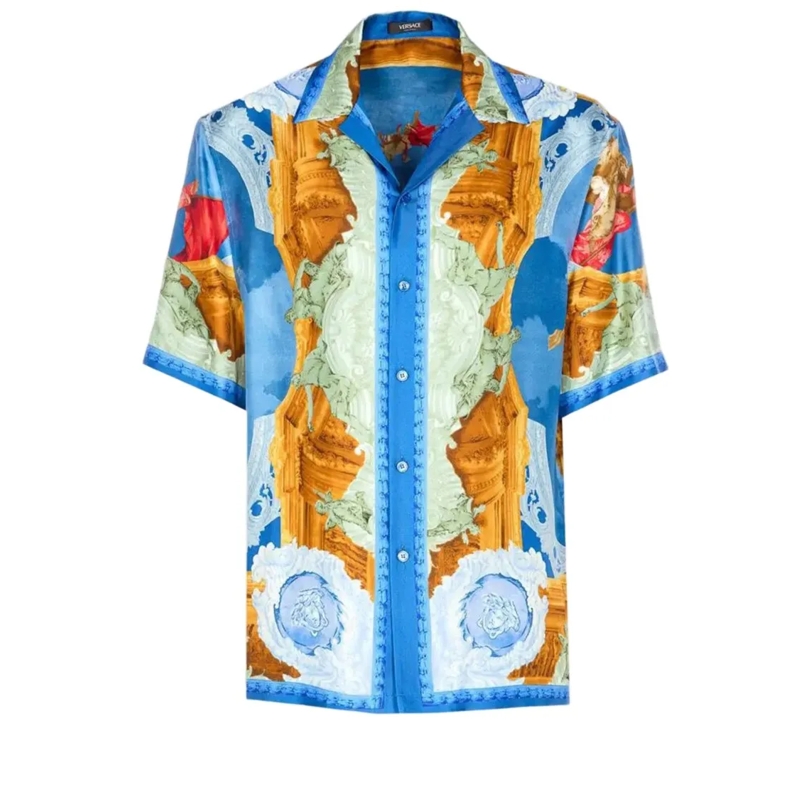 Versace Hemd Short-Sleeved Silk Twill Shirt With Fresco Print Blue