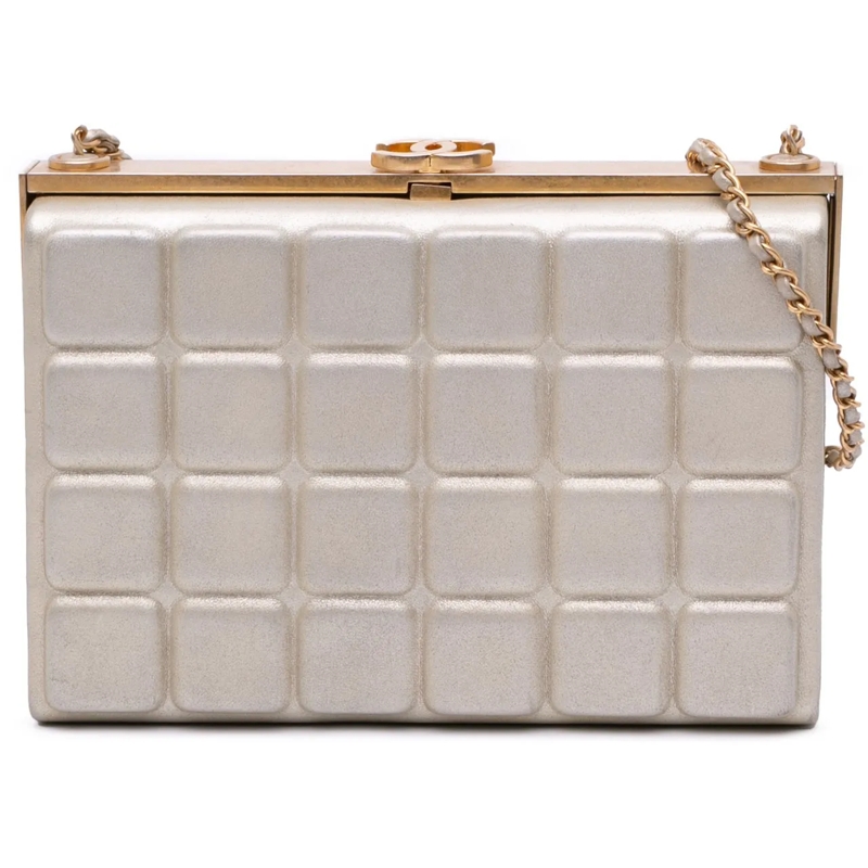 Chanel Pochette Chocolate Bar Metallic Lambskin Frame Clutch with  gold