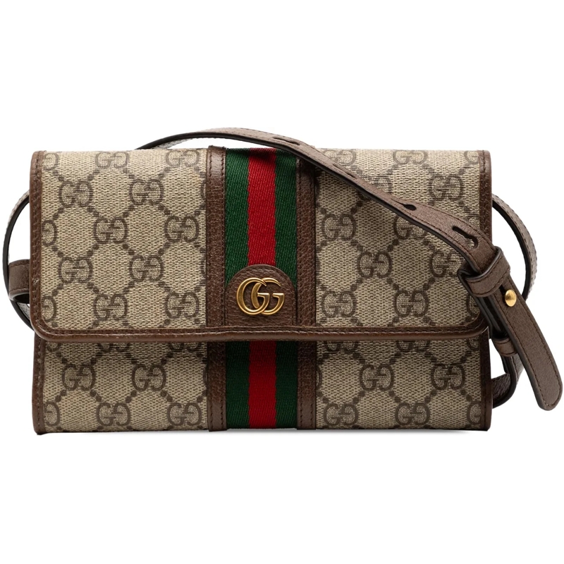 Gucci Schultertasche GG Supreme Web Ophidia Trifold Wallet on Strap braun