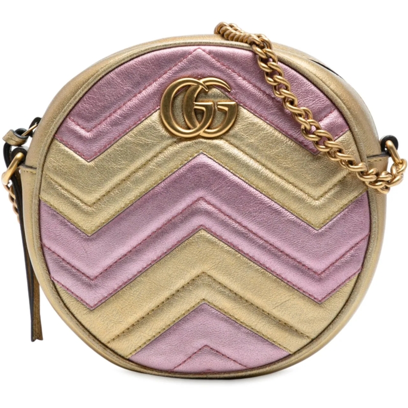 Gucci Schultertasche Mini GG Marmont Matelasse Metallic Leather Round C gold