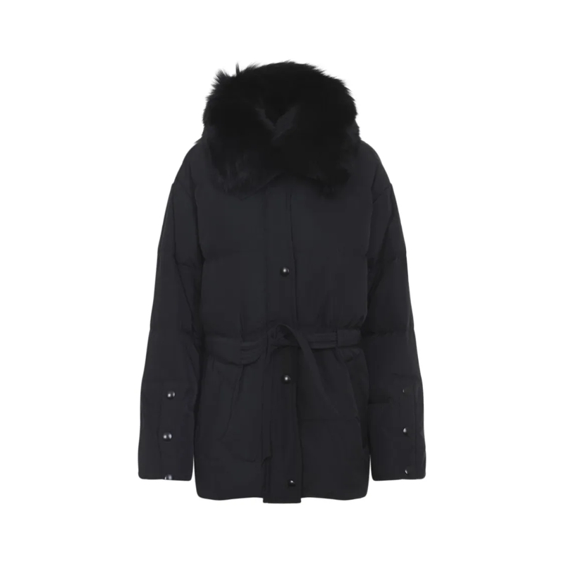 Yves Salomon  Belted Down Coat With Luxurious Fur Collar Black