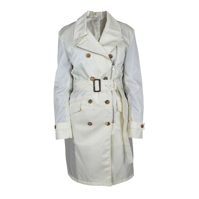 Prada Trenchcoat Double-Breasted Off-White Nylon Coat With Adjustab White