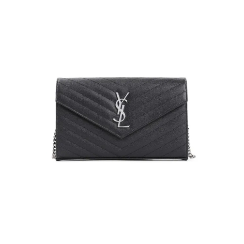 Saint Laurent Black Chain Matelassé Leather Wallet Black Portemonnee Aan Een Ketting