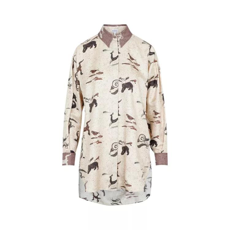 Loewe - Beige Silk Animal Oversize Shirt - Größe 36 -