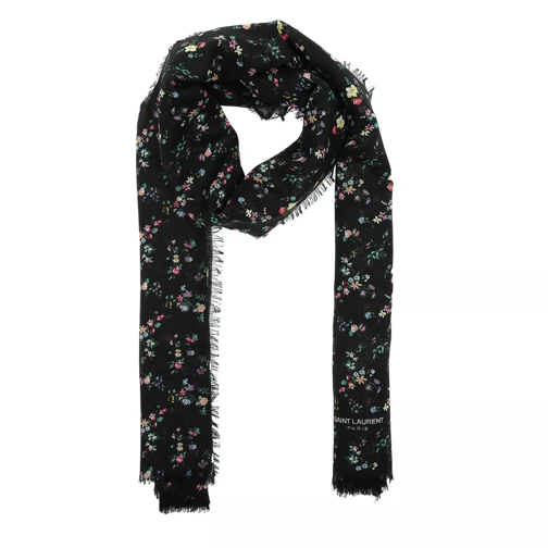 Saint Laurent Jardin Fleurs Wool Scarf Black Lichtgewicht Sjaal