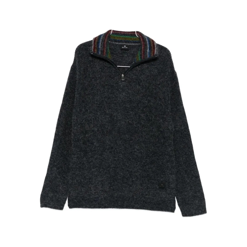 Paul Smith  Half-Zip Charcoal Knit Sweatshirt With Striped Col Black