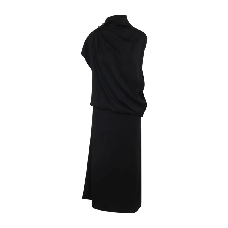 Fabiana Filippi Midi-jurk Draped Black Dress With High Neckline And Asymmetr Black