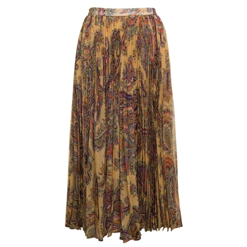 Etro Maxi Multicolor Pleated Skirt With All-Over Paisle Brown 