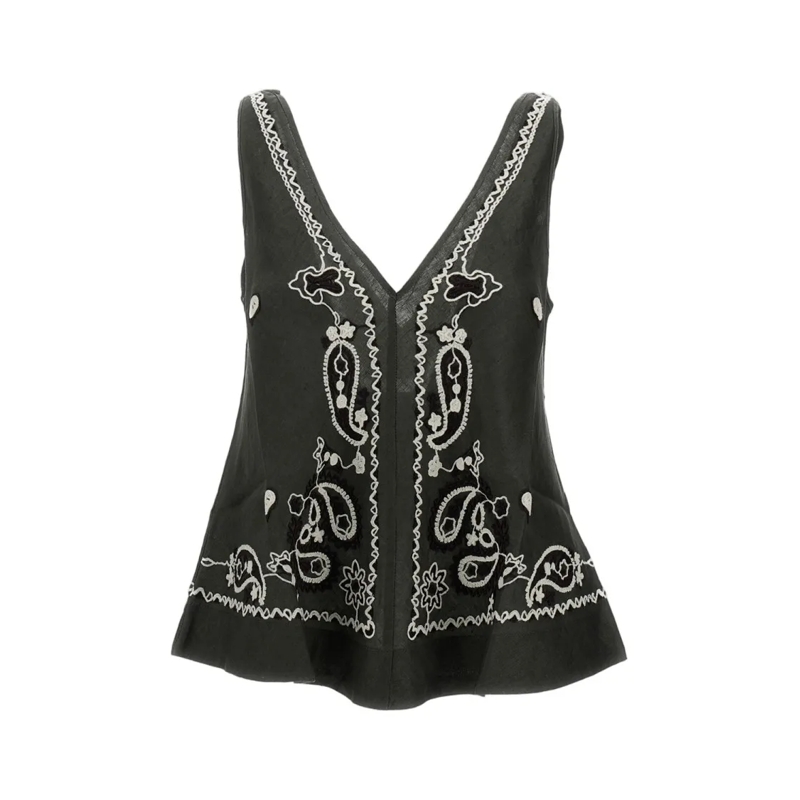 P.A.R.O.S.H. Chemisier Intricate Embroidered Linen Top With V-Neckline Green