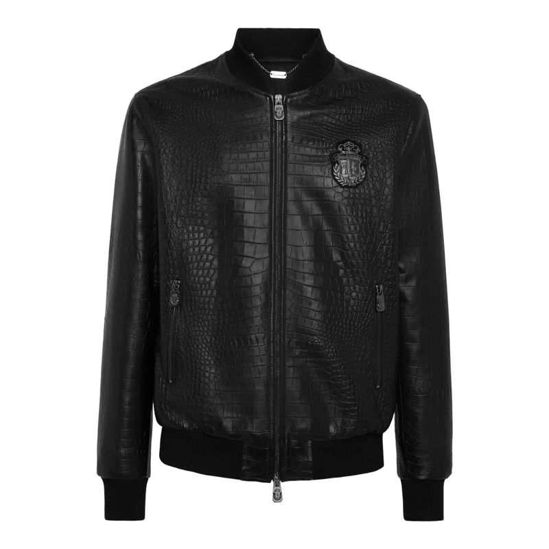 BILLIONAIRE Lederjacke Leder-Bomber Cocco Crocco Geprägt schwarz