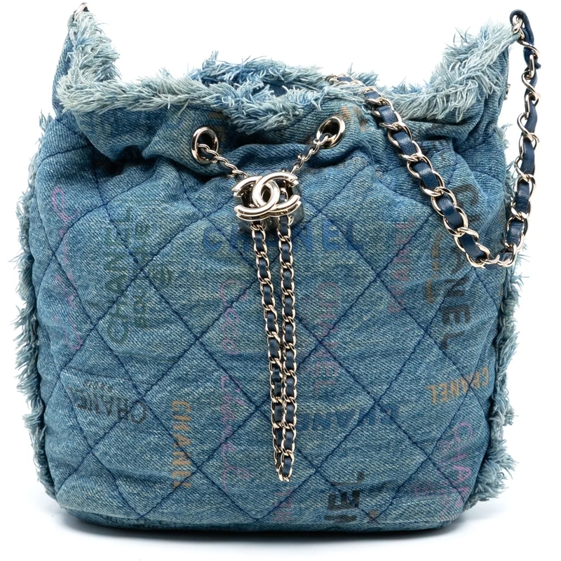 Chanel Schultertasche Medium Quilted Denim Mood Bucket with Chain blau
