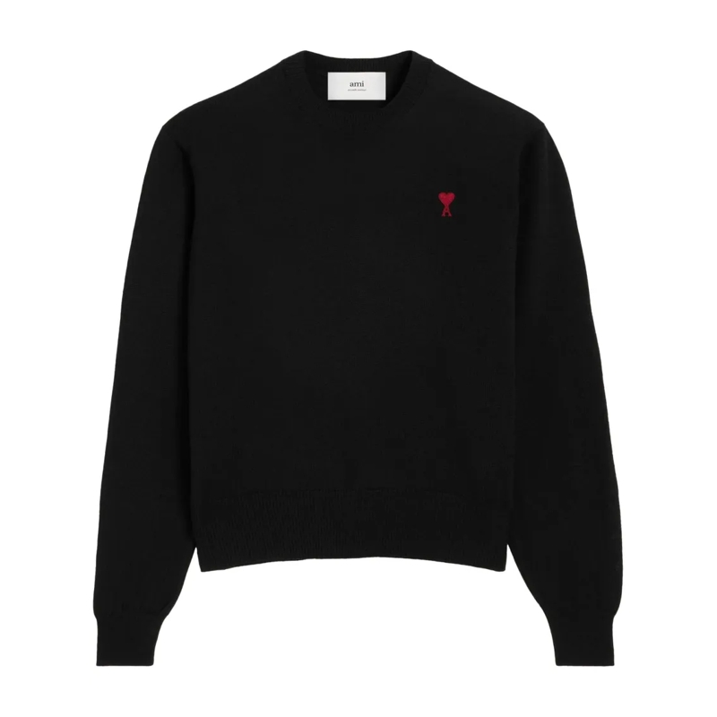 AMI Paris Pullover Fitted Merino Wool Sweater With Heart Logo Black