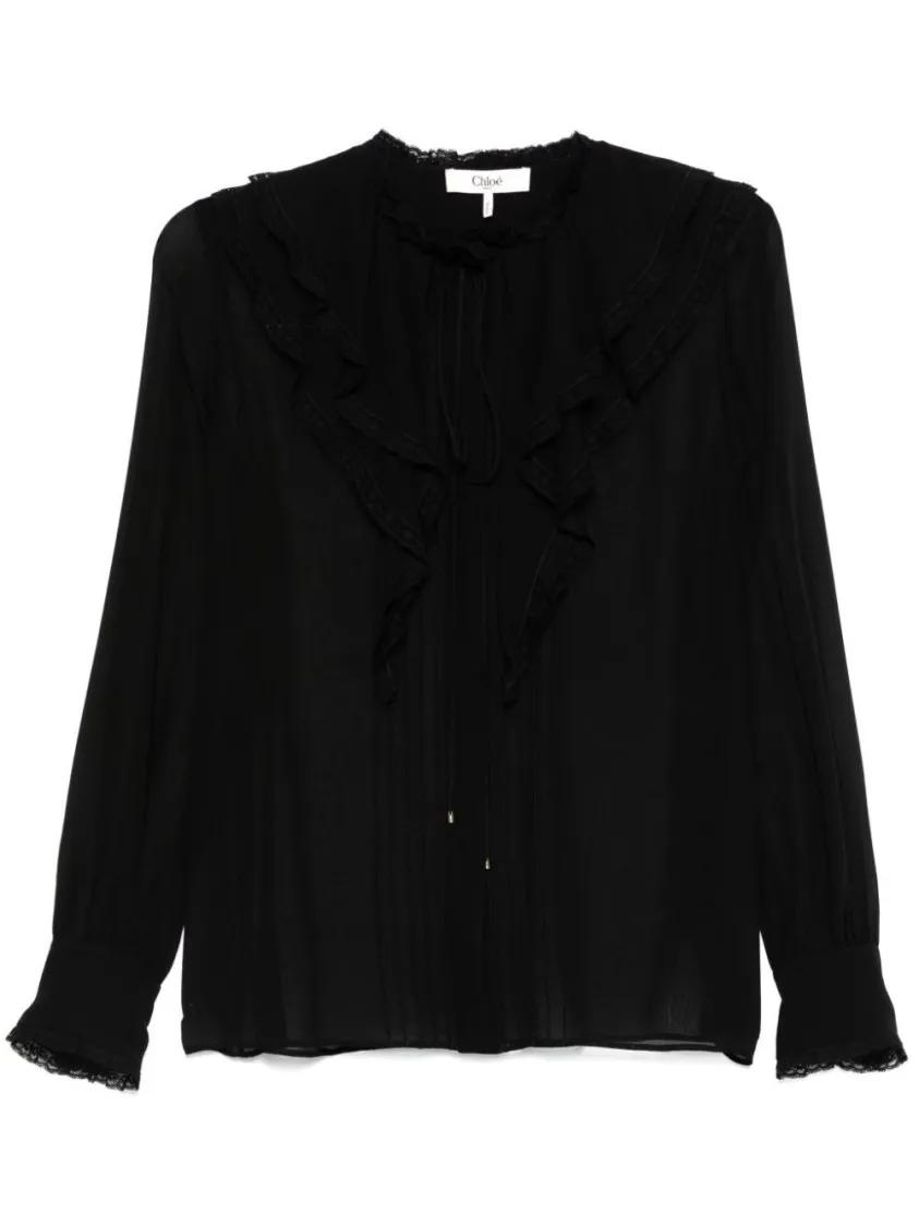 Thumbnail - Chloé - Sheer Silk Black Shirt With Ruffled Detailing - Größe 38 - schwarz