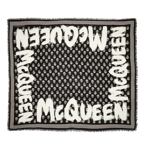 Alexander McQueen Graffiti Skull Print Wool Scarf  Black Ivory Lichtgewicht Sjaal