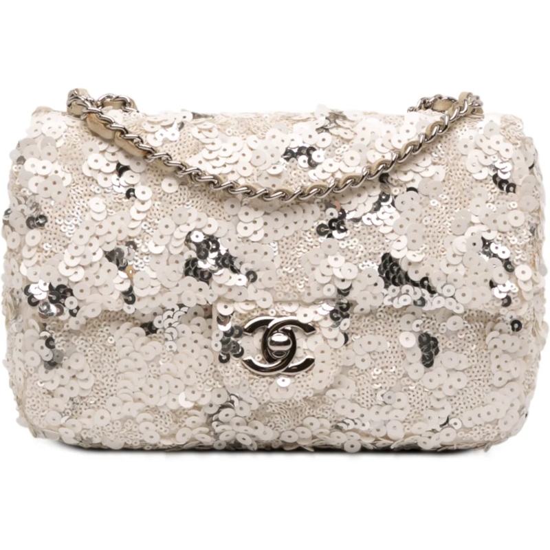 Chanel Schultertasche Mini Rectangular Classic Canvas Sequin Single Flap weiß