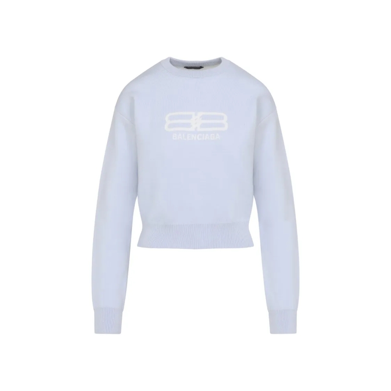 Balenciaga Trui Light Blue Cropped Sweater With Minimalist Logo De Blue