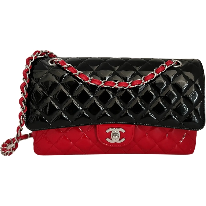Chanel Sac à bandoulière Chanel Medium Bicolor Quilted Patent Calfskin Doub schwarz