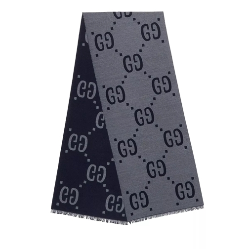 Gucci GG Jacquard Wool Silk Scarf Blue Grey Wool Scarf