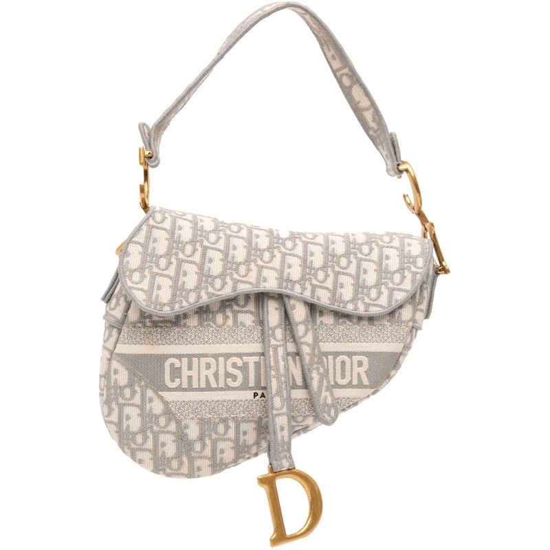 Christian Dior Schultertasche Oblique Embroidered Canvas Saddle Bag grau