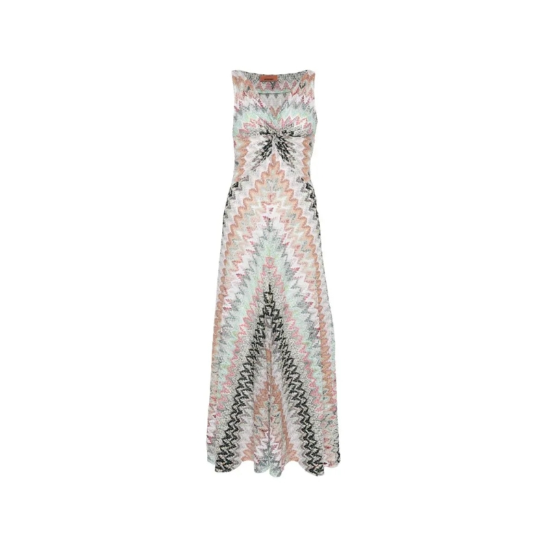 Missoni Robe longue Zigzag Pattern Maxi Dress With Fitted Bodice Neutrals