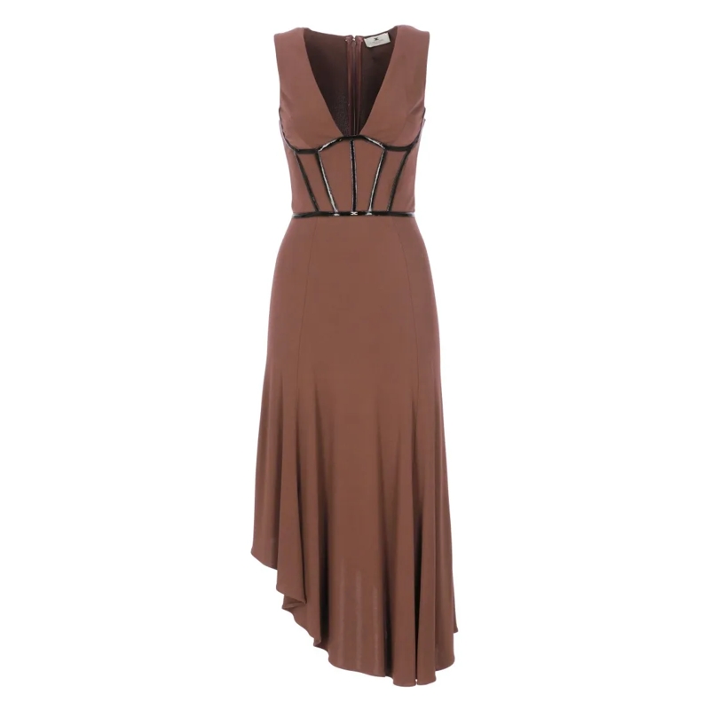 Elisabetta Franchi Robe midi Asymmetrical Midi Dress With Glossy Piping Brown