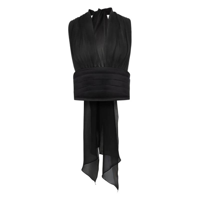 Nina Ricci Top Silk V-Neck Halterneck Top With Bow Detail Black