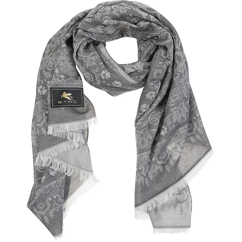 Etro Écharpe en laine Fringes Scarf Grey grau