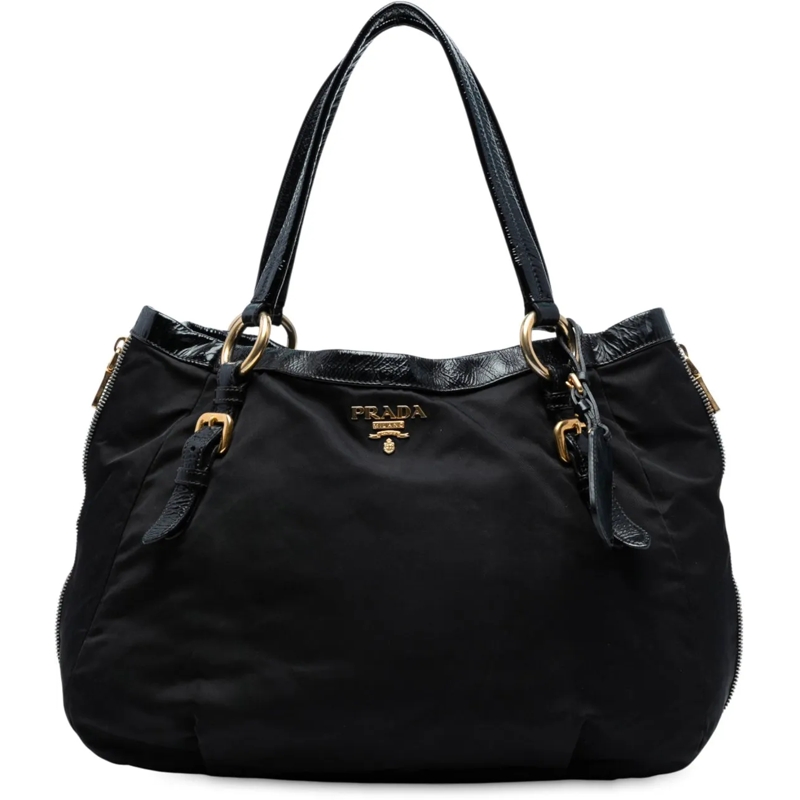 Prada Shopper Naplak Trimmed Tessuto Side Zip Tote schwarz