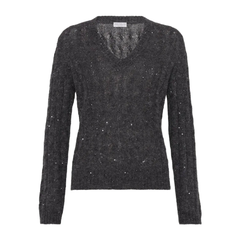 Brunello Cucinelli Pullover Textured Ribbed V-Neck Sweater With Sparkling Deta Grey
