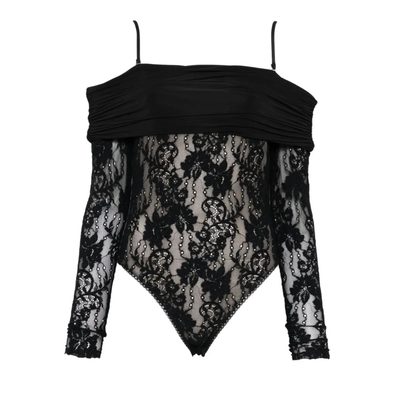 Zimmermann  Off-Shoulder Sheer Lace Bodysuit With Floral Embel Black