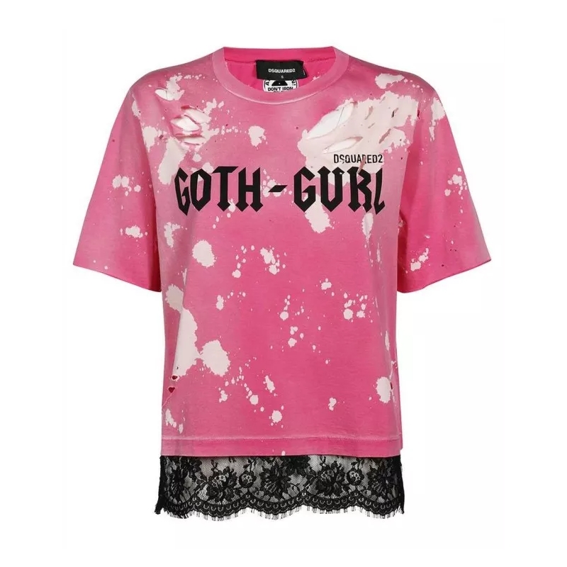 Dsquared2  Fuchsia Worn Effect Logo Print T-Shirt With Laced  Pink