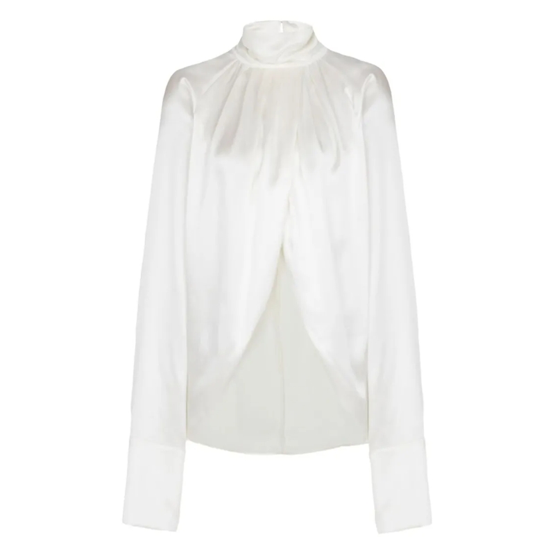 Balmain Blouse High-Neck White Top With Gathered Draped Front White