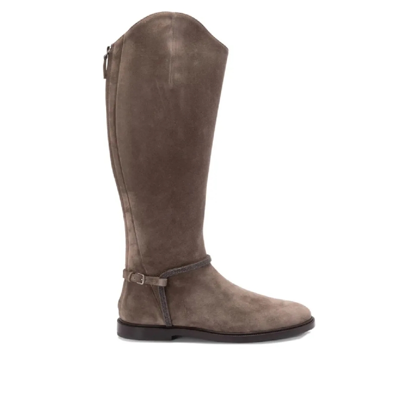 Brunello Cucinelli Stiefel Suede Tall Boots With Ankle Strap Grey