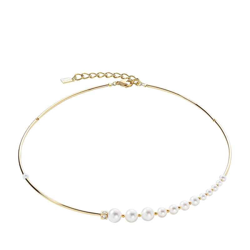 COEUR DE LION Mittellange Halskette Halskette Asymmetrie Süßwasserperlen & Edelstahl weiss