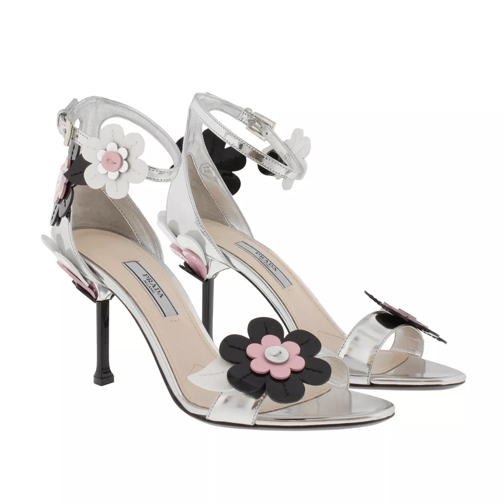 Prada Blossom Embellished Patent Leather Sandals Silver Sandale